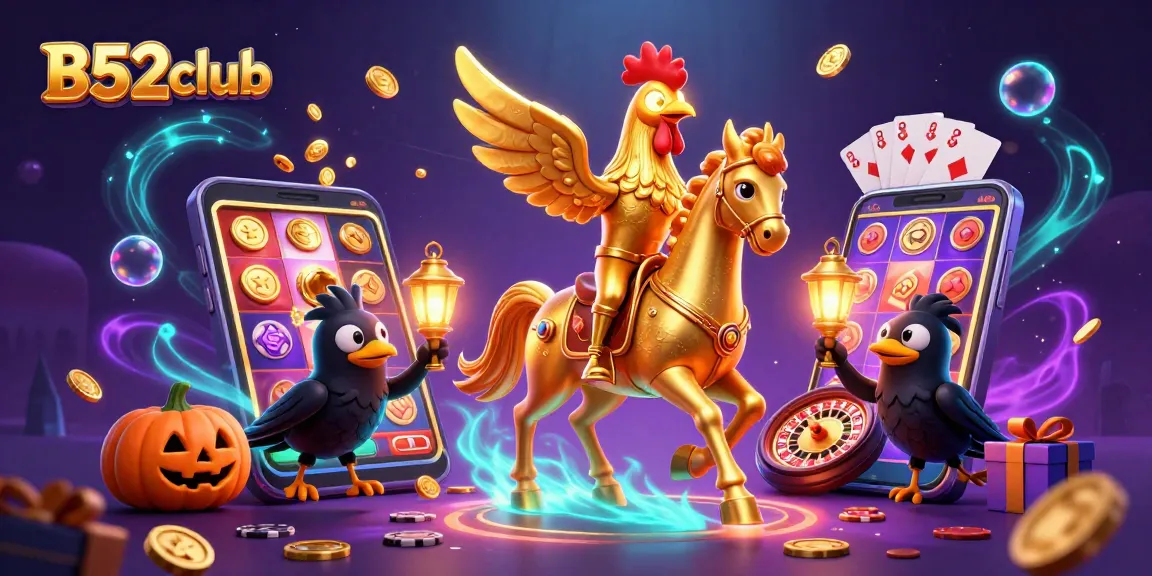 B52club features a golden rooster in a mystical casino with coins and slot games exploding.