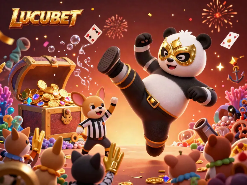 LUCUBET celebrates its vibrant online gaming platform featuring a dynamic scene with animated contestants and festive gambling elements.
