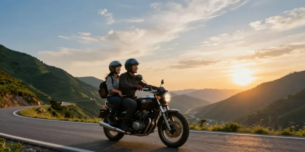 Couple riding a motorcycle in scenic mountains, enjoying their 2up india experience.