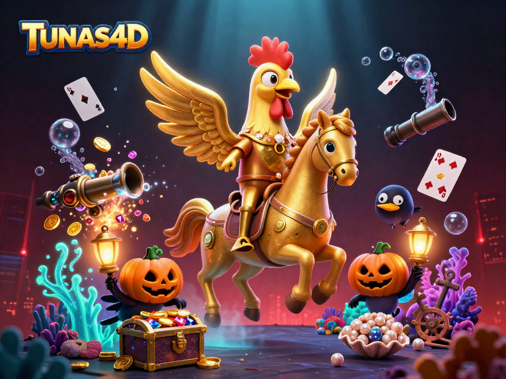 TUNAS4D showcases a golden rooster and spectral horse amid vibrant casino thrills.