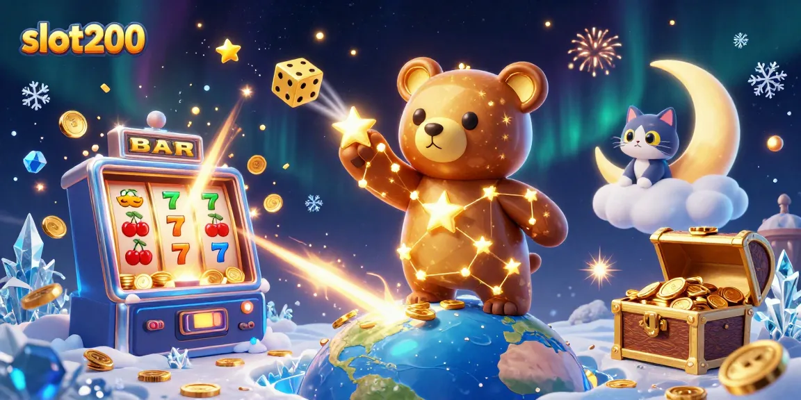 slot200 meraih jackpot dengan simbol keberuntungan dan karakter ceria di latar belakang kasino