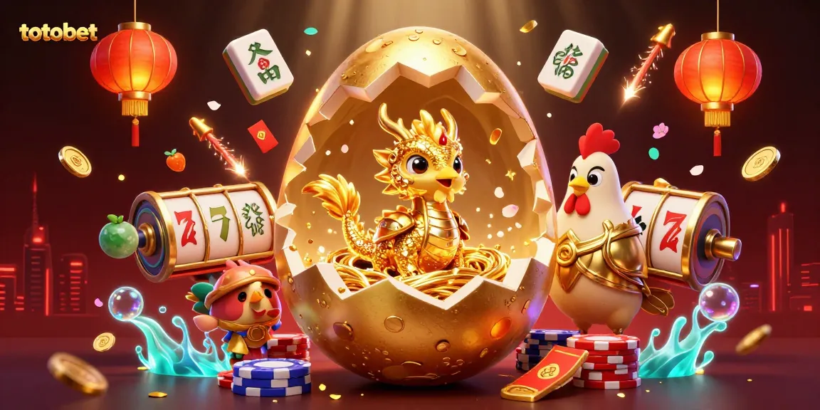 Experience the magic of totobet with a golden dragon amidst casino elements in a vibrant 3D illustration.