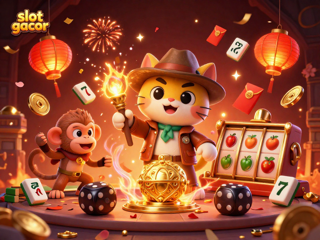 Win big at slot gacor with a vibrant 3D scene showcasing a cartoon cat and monkey in a dazzling casino atmosphere.