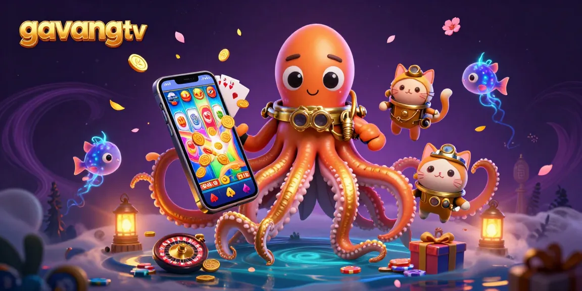 Join the adventure with gavangtv in a vibrant casino scene featuring a kraken and a diving cat.