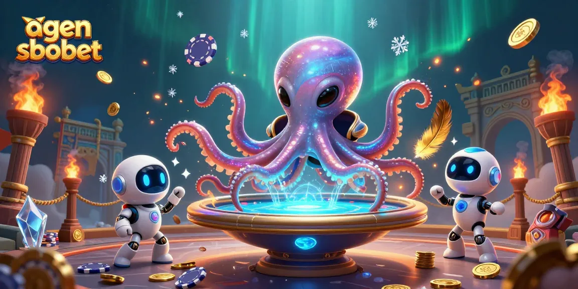 Mengoptimalkan agen sbobet dengan ilustrasi visual 3D alien dan robot di meja poker holografik yang dinamis.
