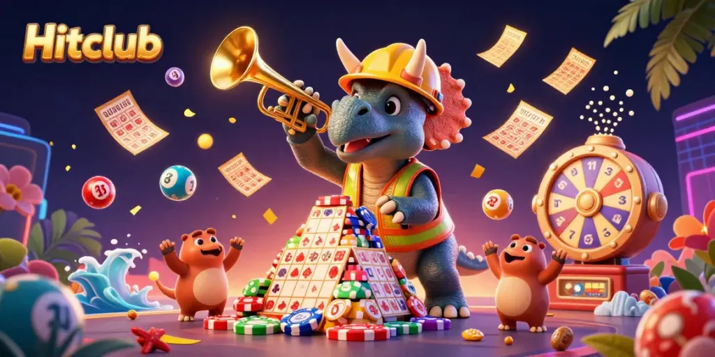 Experience the Hitclub excitement with vibrant casino-themed dinosaurs building poker chips amidst a gaming celebration.