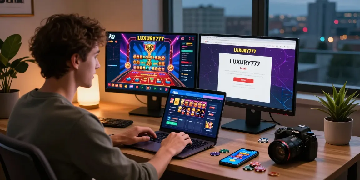 Pengguna bahagia mengakses Login LUXURY777 di laptop dengan suasana yang menyenangkan dan modern.