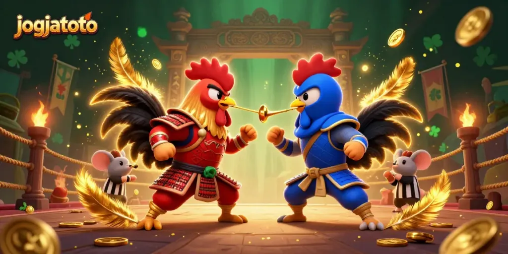Experience thrilling action at jogjatoto's exciting online cockfighting arena, featuring an intense standoff.