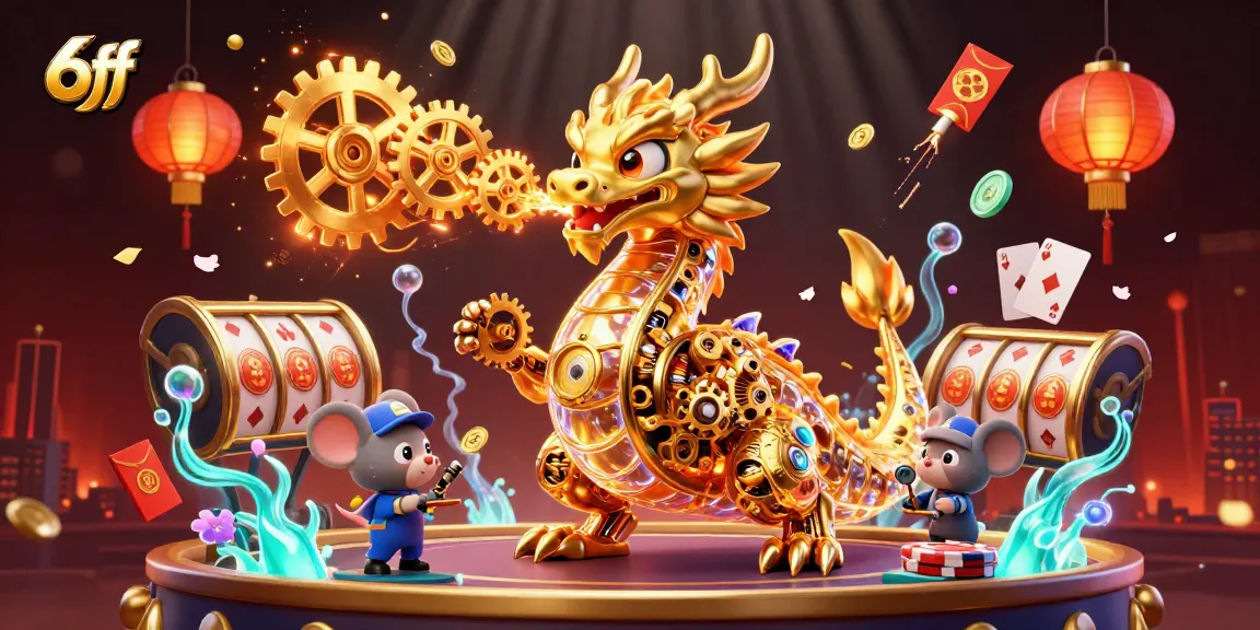 Experience thrilling games with 6ff, showcasing a golden dragon amidst dynamic casino elements.
