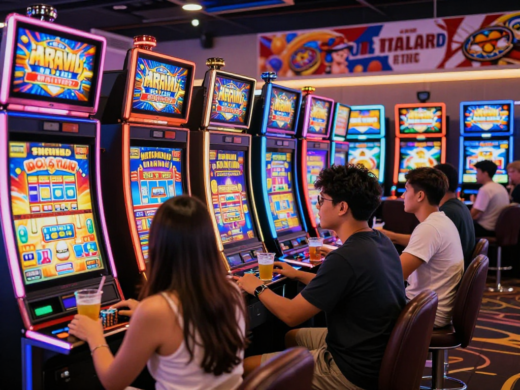 Pemain menikmati mesin slot thailand yang berwarna-warni di kasino yang penuh energi.