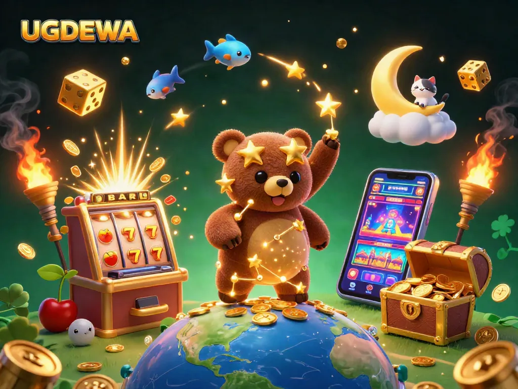 Engage with UGDEWA's vibrant casino games featuring a stellar bear and treasure-filled adventures.