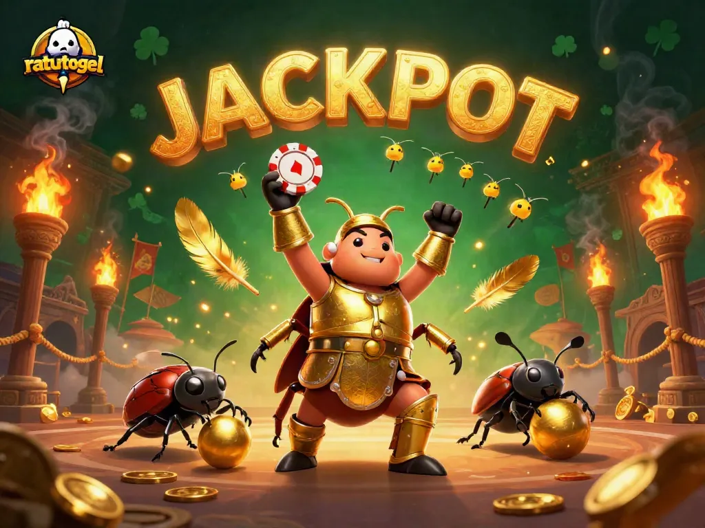 Experience ratutogel thrills with a 3D victory scene showcasing engaging characters, golden elements, and vibrant casino visuals.