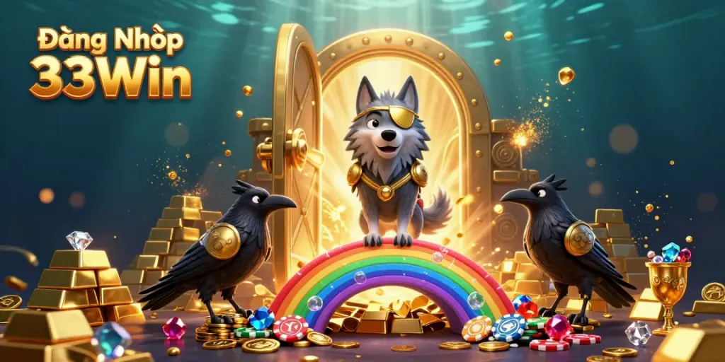 Experience the thrill of Đăng Nhập 33Win with vivid casino-themed characters and treasures.