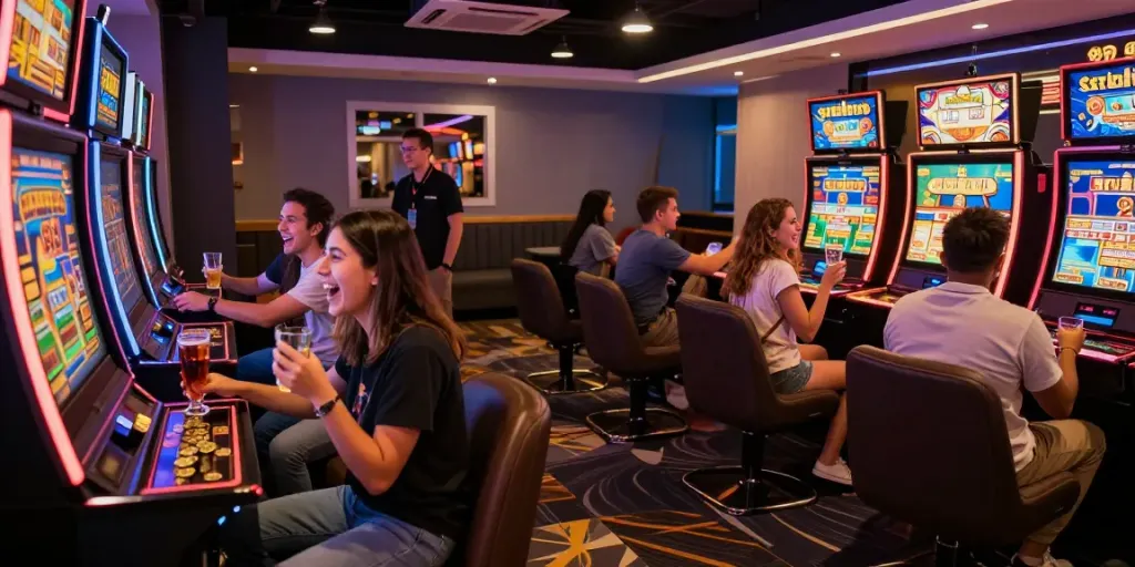 Excited friends celebrating a win at Seributoto slot machines in a vibrant gaming lounge.