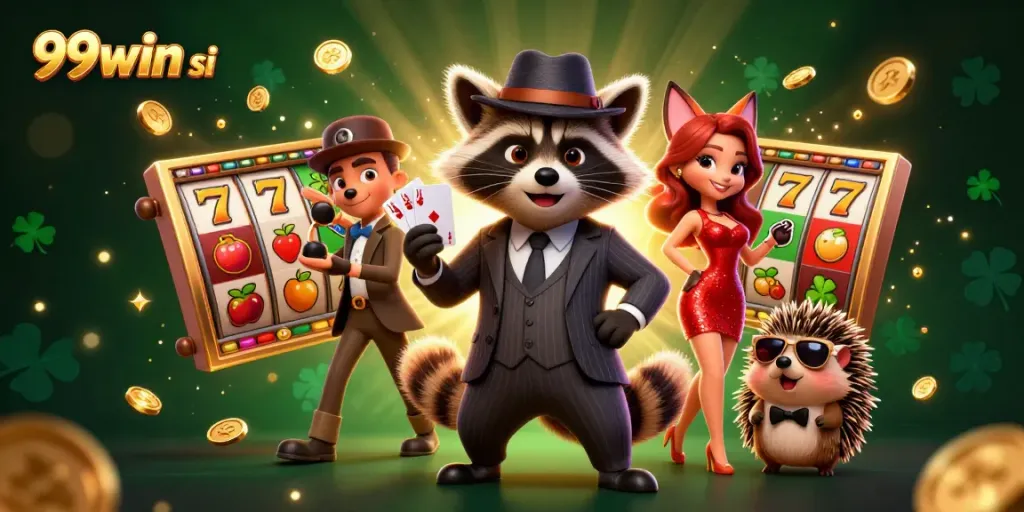 Experience the excitement of winning with 99win si as raccoon and friends shine with jackpots and casino glamour.
