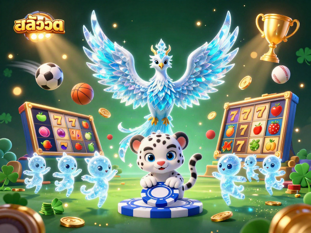 Experience the thrill of playing สล็อต with vibrant scenes of an ice phoenix and a snow leopard in a dynamic casino backdrop.