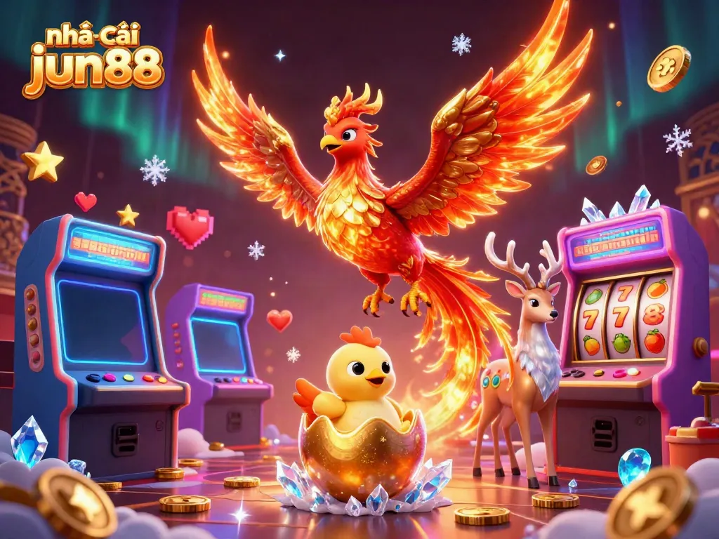 Engage with thrilling gaming action at nhà cái jun88, featuring vibrant casino elements and a colorful phoenix scene.