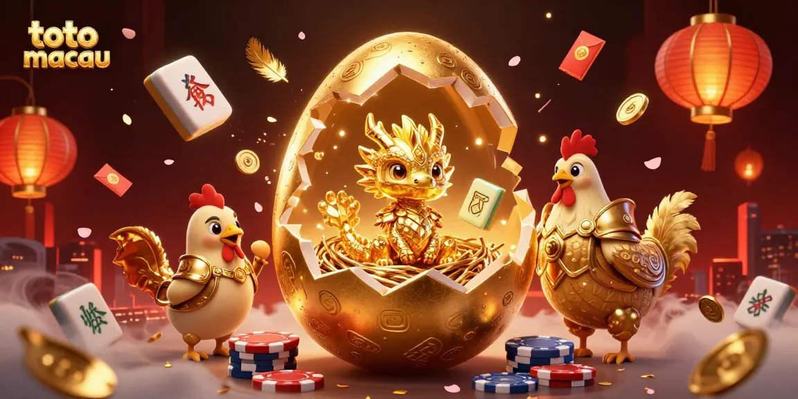 Menangkan toto macau dengan gambar ilustrasi naga dan telur emas di atas chip poker, bersinar dengan kekayaan.