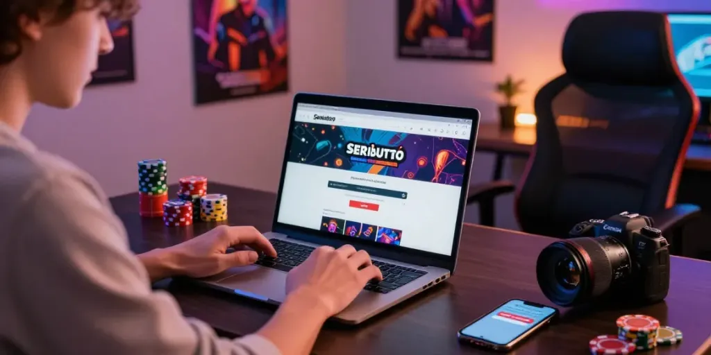 Engaging Seributoto Login scene showcasing a user at a laptop with vibrant gaming paraphernalia.