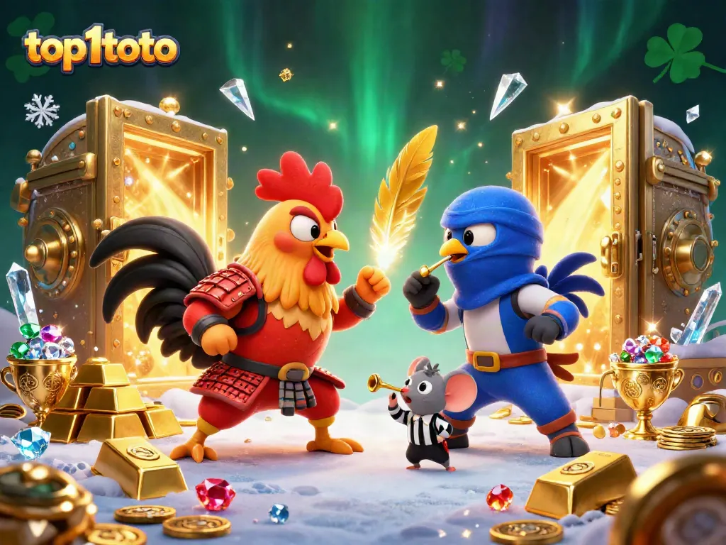 Rasakan kegembiraan taruhan dengan top1toto dan dua ayam petarung bertarung di arena judi.