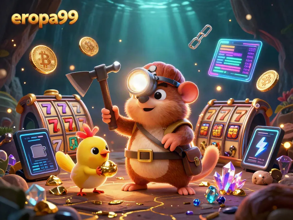 Menggali kemenangan di eropa99 dengan simbol slot dan koin digital yang bersinar.