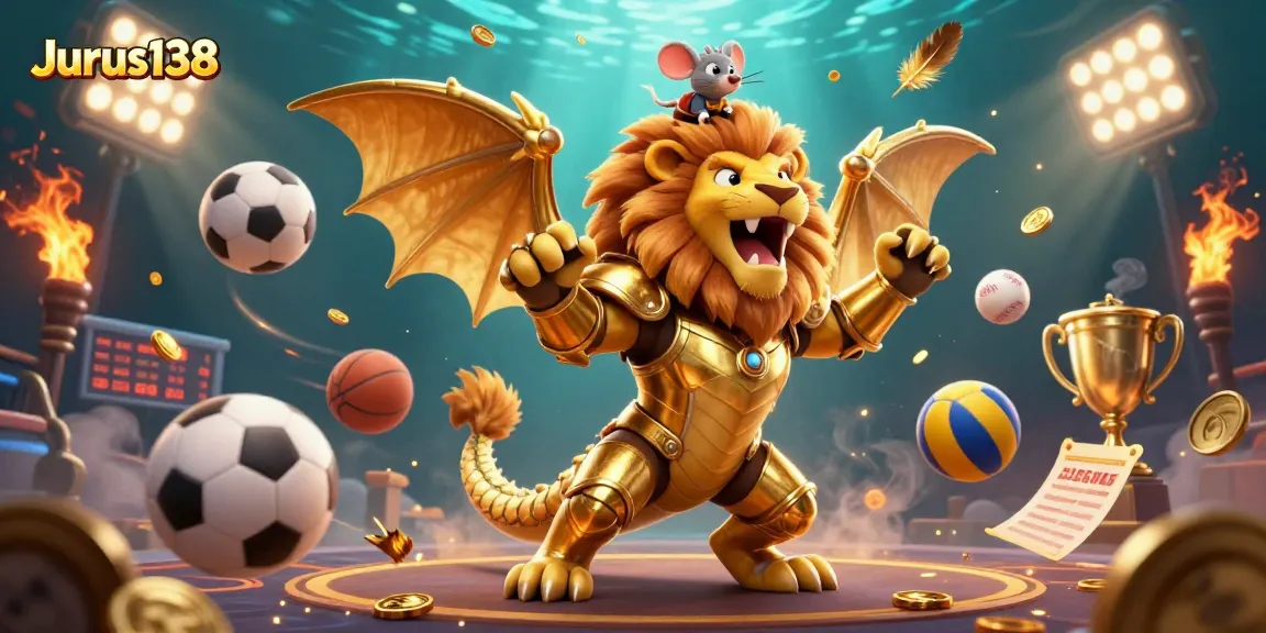 Engage with Jurus138's thrilling sports betting scene featuring a victorious chimera and mouse jockey.