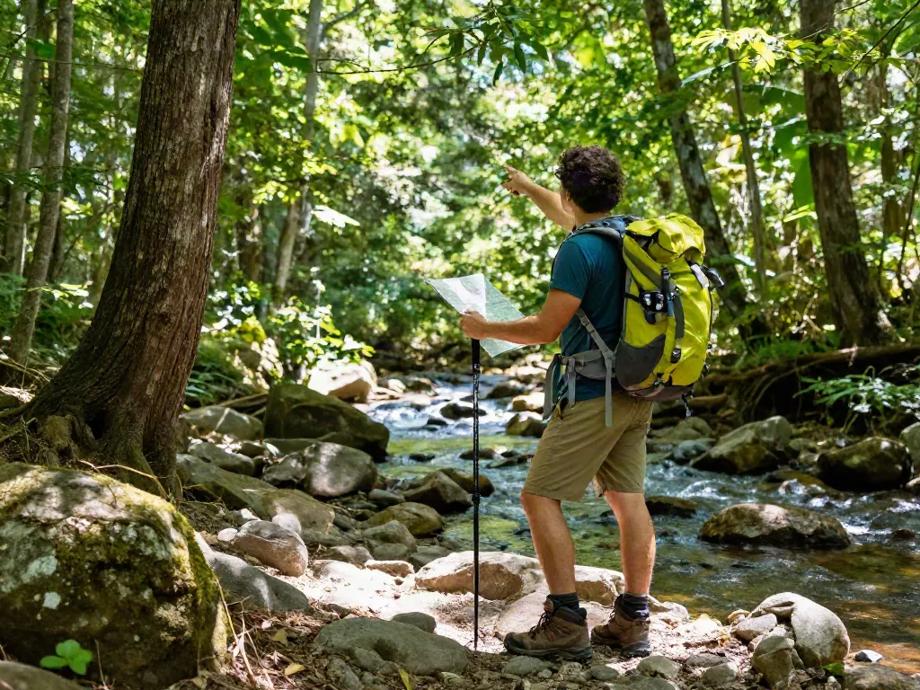 Pecah25 dalam petualangan hiking di hutan hijau, penjelajah memegang peta dan menunjuk ke arah pemandangan indah.