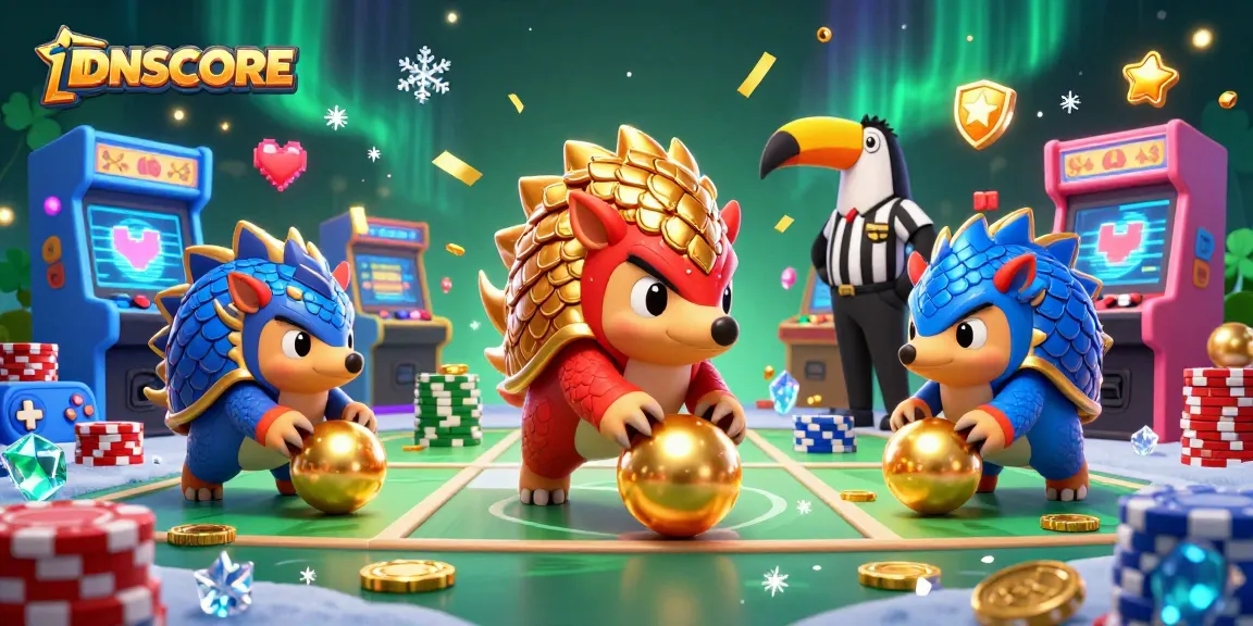 IDNSCORE showcases animated pangolins in casino-themed competition against a vibrant backdrop.