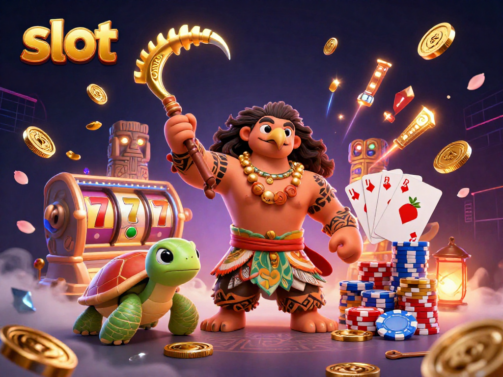 Permainan slot menampilkan reel beruntun tujuh keberuntungan dan karakter mitologis dalam suasana kasino.