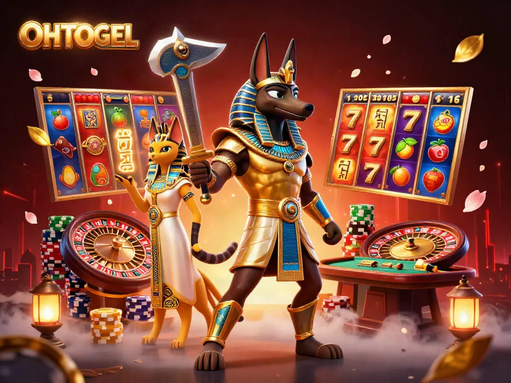 OHTOGEL merayakan keberuntungan dengan Anubis dan Bastet, permainan slot menarik menyertai aksi.