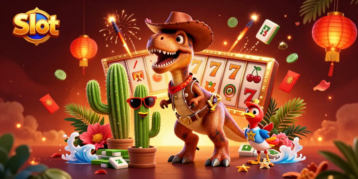 Spin the slots with vibrant slot game symbols in a dynamic casino scene featuring a T-Rex cowboy.