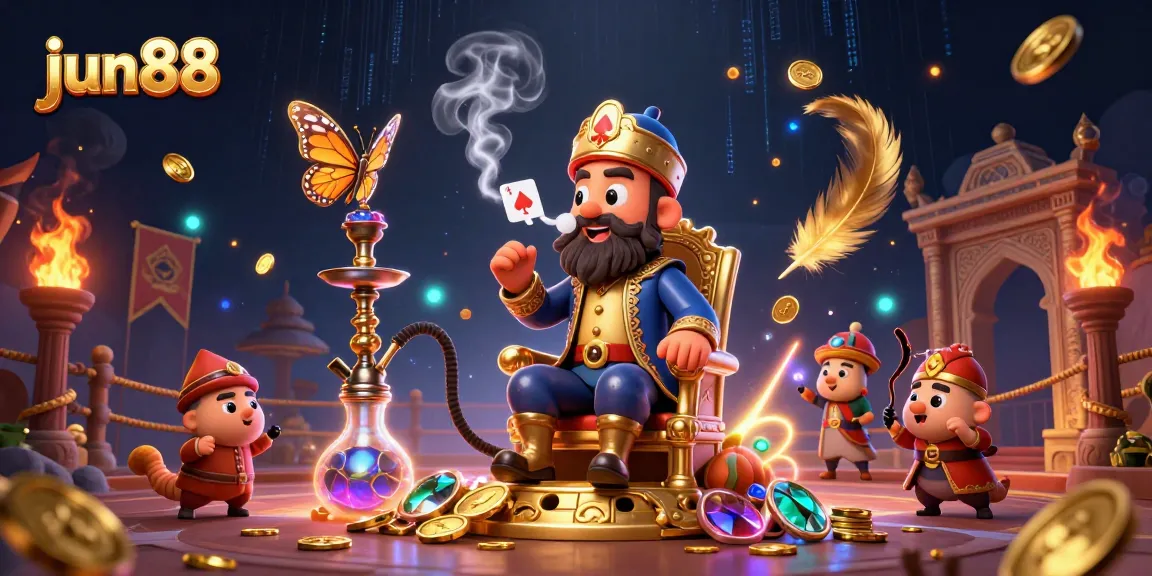 Immerse in jun88's vibrant casino world, showcased by a whimsical caterpillar master enthroned among gaming elements.