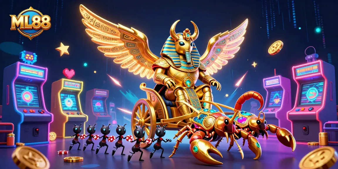 Engage with the thrilling world of ML88, featuring a vibrant 3D scene of gaming excitement and action.