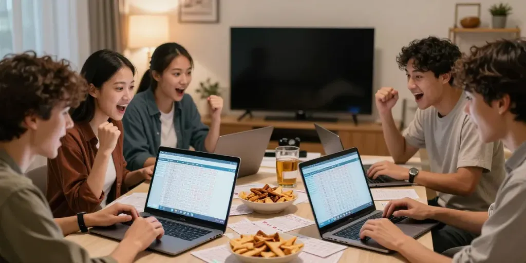 Suasana ceria permainan lotere online alexistoto dengan kelompok orang yang bersorak di ruang tamu.