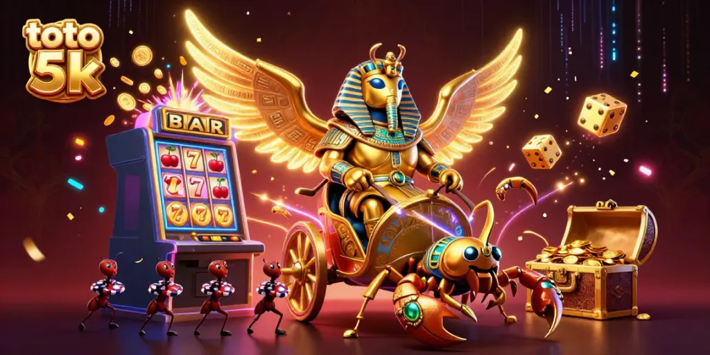 Play exciting games with toto 5k, featuring a vibrant 3D scene of a golden scarab and dynamic slot elements.
