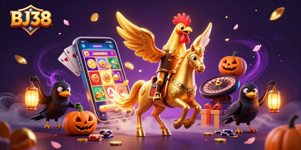 Win big with BJ38 as the golden rooster plays slots in a magical casino atmosphere.