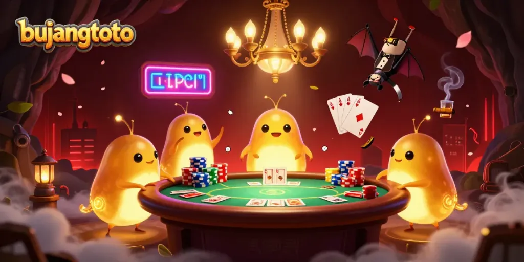 Experience the magic of bujangtoto with vibrant glowworms illuminating a bustling poker scene in a cave casino.