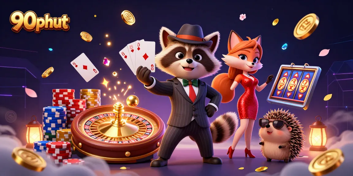 Engage in thrilling 90phut casino action with raccoon dealer amid flying coins and vibrant game elements.