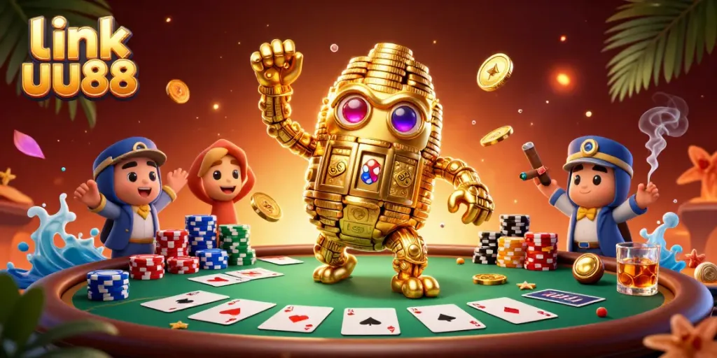 Join the excitement at link uu88, featuring a dynamic 3D illustration of a golden golem surrounded by poker elements.