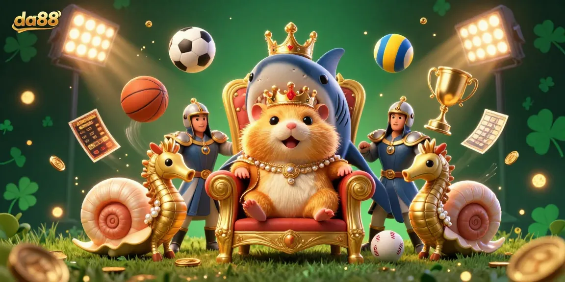 Experience da88's vibrant casino atmosphere with a golden hamster king and dynamic sports elements.