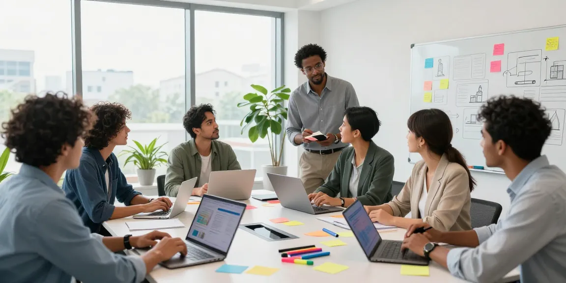 Akin Chaktty leading a collaborative brainstorming session in a modern office environment with diverse professionals.