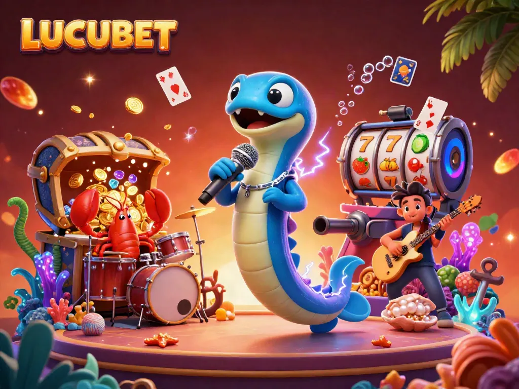 LUCUBET's vibrant underwater casino scene featuring an electric eel DJ, lobster drummer, and seahorse guitarist amidst a treasure explosion.