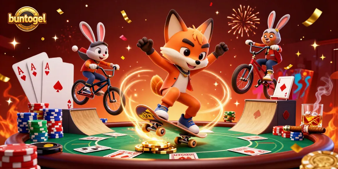 Experience the thrill of gaming at buntogel with vibrant 3D characters showcasing dynamic tricks and casino symbols.