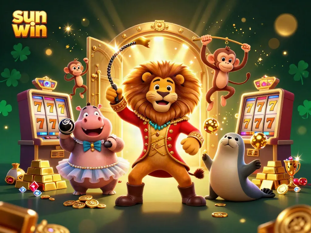 Experience the thrilling world of sun win with interactive 3D circus characters and casino vibes.