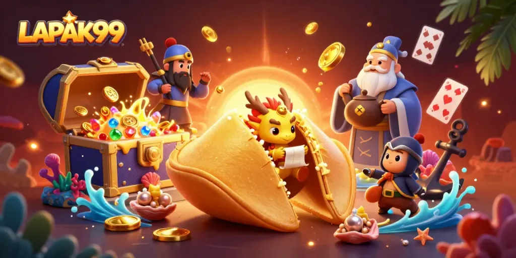 LAPAK99 attracts players with a vibrant 3D casino scene featuring a golden fortune cookie and treasures.