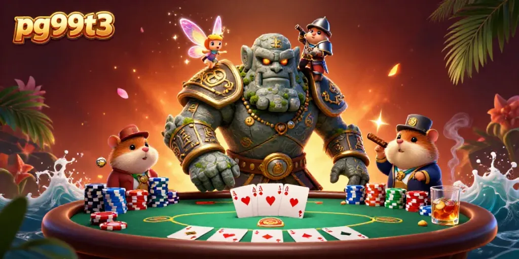 Experience the thrilling world of pg99t3 with a golem and knight in a vibrant casino scene.