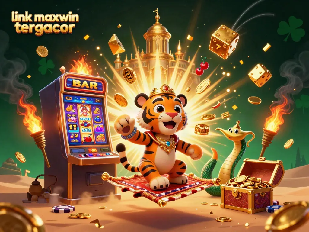 Experience the vibrant action of "link maxwin tergacor" with illustrated casino elements showcasing a jackpot explosion and dynamic gaming atmosphere.