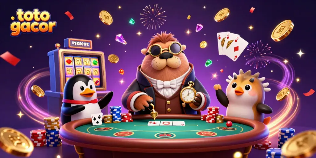 Toto gacor menunjukkan permainan slot dengan walrus 3D, dealer penguin dan pemain ikan puff.