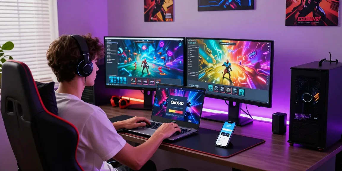 CIKA4D user logging into the gaming platform on a laptop in a vibrant gaming setup
