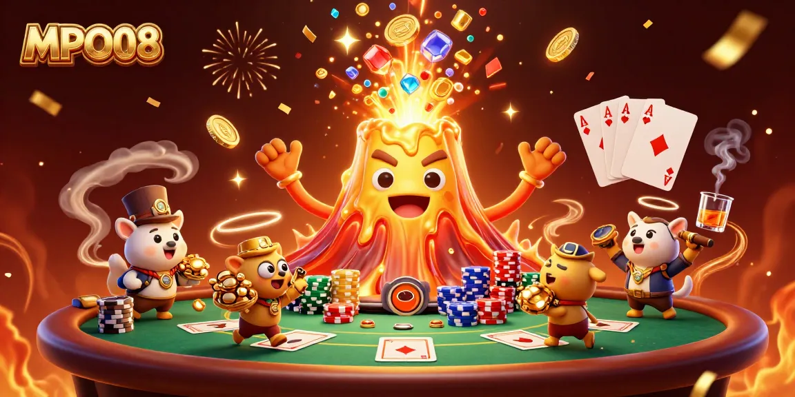 MPO08 unleashes a thrilling gaming experience, featuring a triumphant golden volcano erupting treasure amidst poker dynamics.